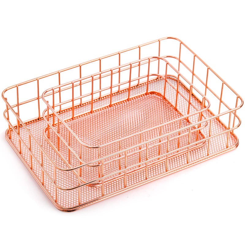 Hacaroa 4 Pack Rose Gold Wire Mesh Basket  Metal Desk Drawer Organizer Desktop Holder Tray for Cosmetic  Stationery  Magazines  Fruit Snacks  Home  School  Office  2 Size - Image 4
